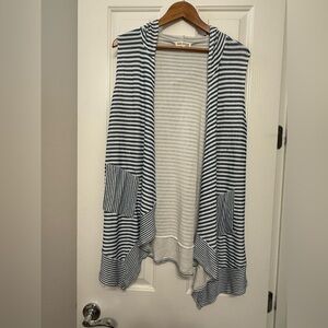**Faith & Joy Striped Sleeveless Hooded Cardigan – Blue & White – Size XL**